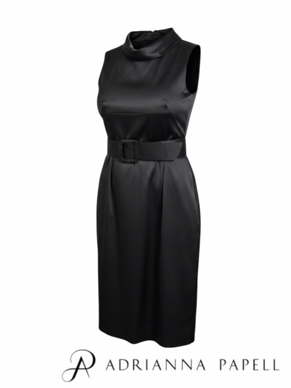 NWOT Adrianna Papell Black Satin Rhinestone Belt Sheath Dress Size 8 - Picture 4 of 14